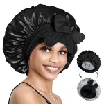 BONNET QUEEN Silk Bonnet for Sleeping Double Layer Satin Bonnet Reversible Bonnet with Tie Band Hair Bonnet Sleep Cap for Women Curly Hair,Black+Grey