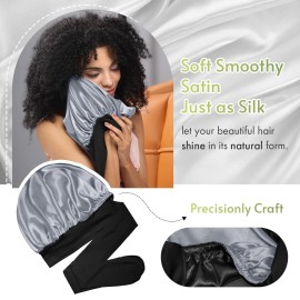 BONNET QUEEN Silk Bonnet for Sleeping Double Layer Satin Bonnet Reversible Bonnet with Tie Band Hair Bonnet Sleep Cap for Women Curly Hair,Black+Grey BONNET QUEEN Silk Bonnet for Sleeping Double Layer Satin Bonnet Reversible Bonnet with Tie Band Hair Bonnet Sleep Cap for Women Curly Hair,Black+Grey