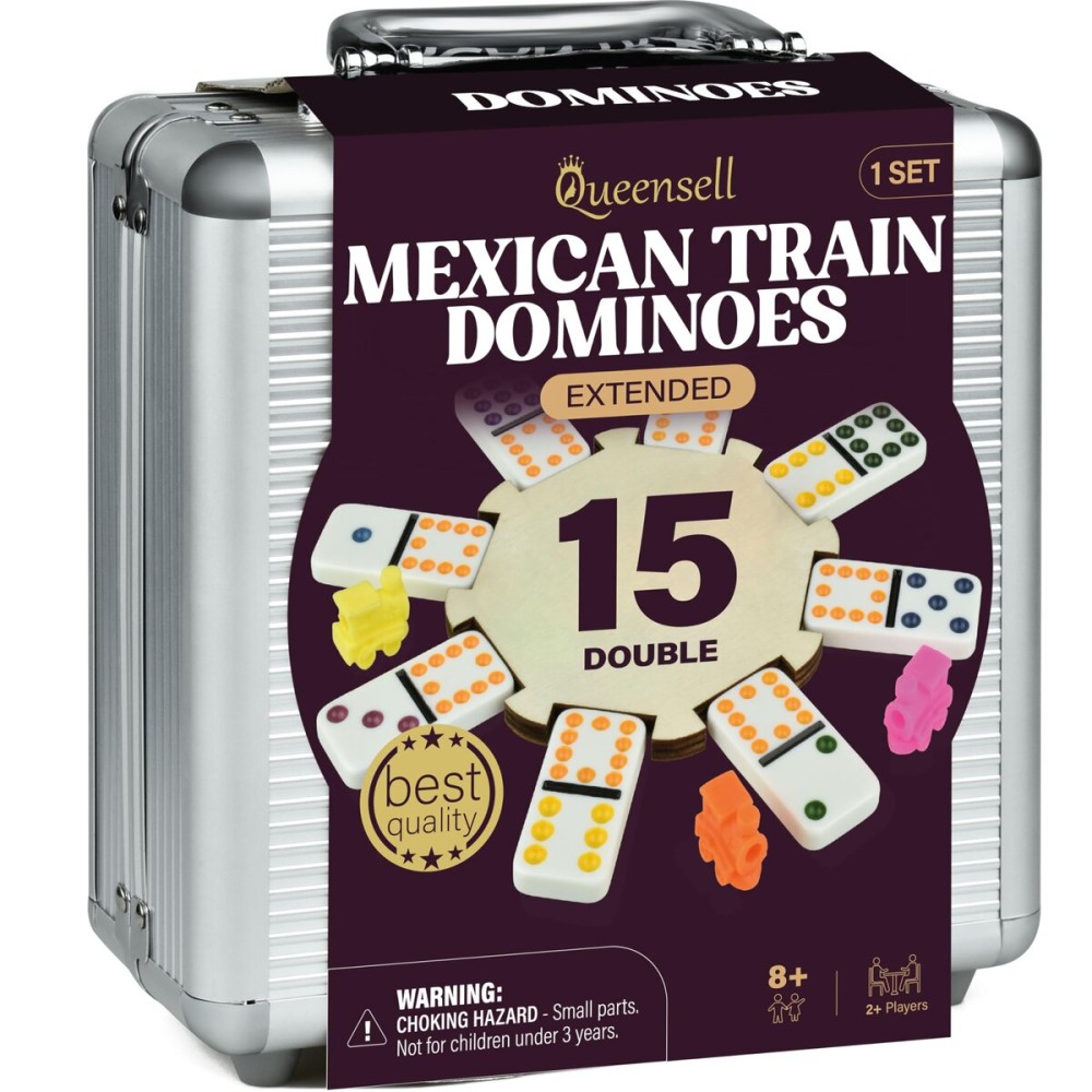 Queensell Mexican Train Dominoes Set Double 15, Dominoes Set for Adults and Family, Mexican Train Double 15 Dominoes Set Colored Dot - 136 Tiles, 9 Trains, Wooden Hub, Aluminum Case (Double 15)