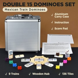 Queensell Mexican Train Dominoes Set Double 15, Dominoes Set for Adults and Family, Mexican Train Double 15 Dominoes Set Colored Dot - 136 Tiles, 9 Trains, Wooden Hub, Aluminum Case (Double 15)