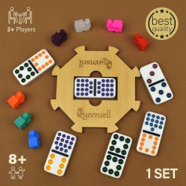 Queensell Mexican Train Dominoes Set Double 15, Dominoes Set for Adults and Family, Mexican Train Double 15 Dominoes Set Colored Dot - 136 Tiles, 9 Trains, Wooden Hub, Aluminum Case (Double 15)