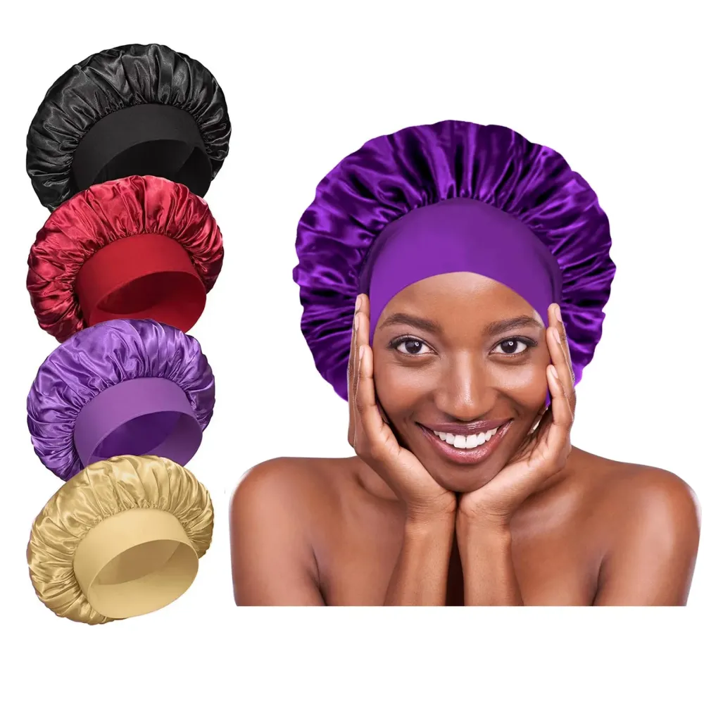 4Pcs Silk Satin Bonnets for Sleeping - Elastic Wide Band Wrap for Black Women Men,Silk Bonnets for Curly Hair,Large Hair Cap for Sleeping (Black+Wine Red+Purple+Brown) 4Pcs Silk Satin Bonnets for Sleeping - Elastic Wide Band Wrap for Black Women Men,Silk Bonnets for Curly Hair,Large Hair Cap for Sleeping (Black+Wine Red+Purple+Brown)
