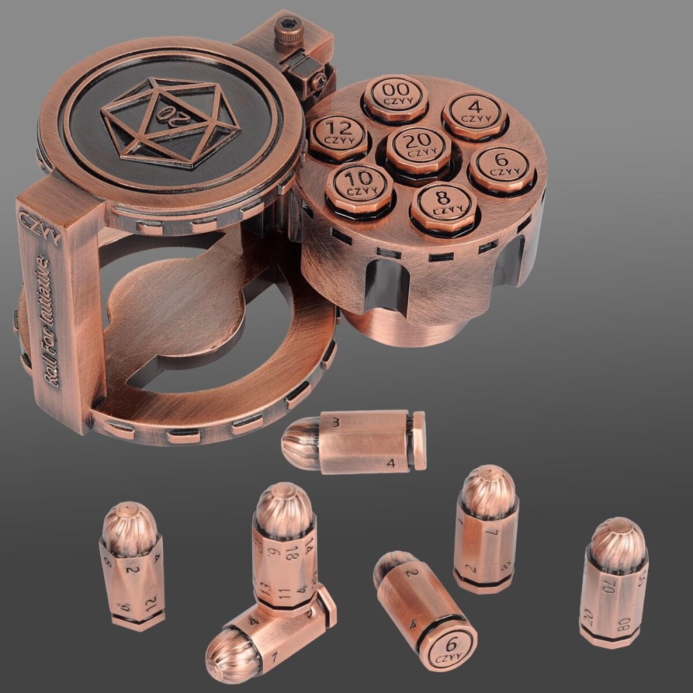 Metal Polyhedral Bullet Dice Set of 7 with Spinning Revolver Cylinder Container - Cyberpunk Style Dice for D&D, Sci-Fi, War, or Crime Theme Tabletop Games (Copper) Metal Polyhedral Bullet Dice Set of 7 with Spinning Revolver Cylinder Container - Cyberpunk Style Dice for D&D, Sci-Fi, War, or Crime Theme Tabletop Games (Copper)