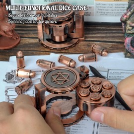 Metal Polyhedral Bullet Dice Set of 7 with Spinning Revolver Cylinder Container - Cyberpunk Style Dice for D&D, Sci-Fi, War, or Crime Theme Tabletop Games (Copper) Metal Polyhedral Bullet Dice Set of 7 with Spinning Revolver Cylinder Container - Cyberpunk Style Dice for D&D, Sci-Fi, War, or Crime Theme Tabletop Games (Copper)