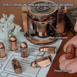Metal Polyhedral Bullet Dice Set of 7 with Spinning Revolver Cylinder Container - Cyberpunk Style Dice for D&D, Sci-Fi, War, or Crime Theme Tabletop Games (Copper) Metal Polyhedral Bullet Dice Set of 7 with Spinning Revolver Cylinder Container - Cyberpunk Style Dice for D&D, Sci-Fi, War, or Crime Theme Tabletop Games (Copper)
