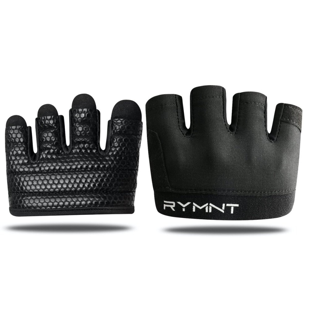 RYMNT Minimal Workout Gloves,Short Micro Weight Lifting Gloves Grip Pads with Full Palm Protection & Extra Grip for Men Women Weightlifting,Gym,Cross Training,Powerlifting,WODs.Black-Medium