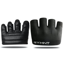 RYMNT Minimal Workout Gloves,Short Micro Weight Lifting Gloves Grip Pads with Full Palm Protection & Extra Grip for Men Women Weightlifting,Gym,Cross Training,Powerlifting,WODs.Black-Medium