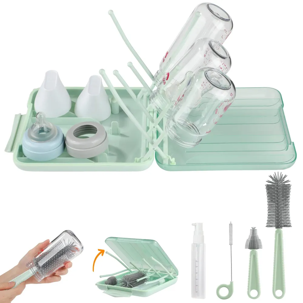 Bottle Brush Set -Baby Travel Essential-6 in 1 Bottle Cleaner Kit with Silicone Bottle Brush,Nipple Cleaner Brush,Straw Brush,Soap Dispenser,Storage Box,Bottle Drying Rack for Home and Travel(Green) Bottle Brush Set -Baby Travel Essential-6 in 1 Bottle Cleaner Kit with Silicone Bottle Brush,Nipple Cleaner Brush,Straw Brush,Soap Dispenser,Storage Box,Bottle Drying Rack for Home and Travel(Green)