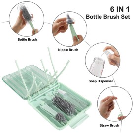 Bottle Brush Set -Baby Travel Essential-6 in 1 Bottle Cleaner Kit with Silicone Bottle Brush,Nipple Cleaner Brush,Straw Brush,Soap Dispenser,Storage Box,Bottle Drying Rack for Home and Travel(Green) Bottle Brush Set -Baby Travel Essential-6 in 1 Bottle Cleaner Kit with Silicone Bottle Brush,Nipple Cleaner Brush,Straw Brush,Soap Dispenser,Storage Box,Bottle Drying Rack for Home and Travel(Green)