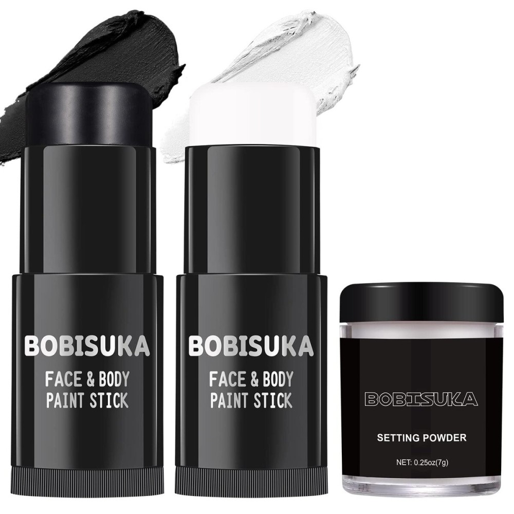 BOBISUKA Black White Face Paint Stick with Setting Powder Set, Eye Black Sticks for Sports, Body Paints for Clown Skeleton Vampire Skull Cosplay Special Effects Costume SFX Halloween Makeup Kit BOBISUKA Black White Face Paint Stick with Setting Powder Set, Eye Black Sticks for Sports, Body Paints for Clown Skeleton Vampire Skull Cosplay Special Effects Costume SFX Halloween Makeup Kit
