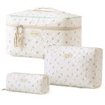 HBselect Quilted Makeup Bag, 3PCS Cotton Large Travel Makeup Bag, Cute Floral Coquette Make up Bag Cosmetic Bag Toiletry Bag for Women Girls