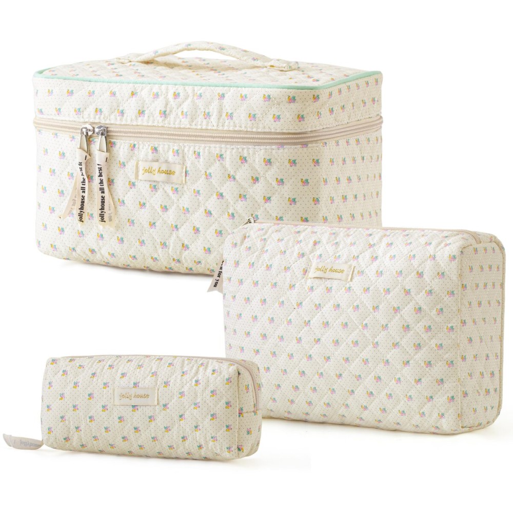 HBselect Quilted Makeup Bag, 3PCS Cotton Large Travel Makeup Bag, Cute Floral Coquette Make up Bag Cosmetic Bag Toiletry Bag for Women Girls HBselect Quilted Makeup Bag, 3PCS Cotton Large Travel Makeup Bag, Cute Floral Coquette Make up Bag Cosmetic Bag Toiletry Bag for Women Girls