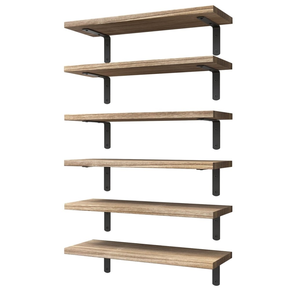 WOPITUES Wood Floating Shelves Set of 6, Shelves for Wall Decor, Farmhouse Shelf for Bedroom, Bathroom Storage Shelves, Book Shelves for Living Room - Rustic Brown WOPITUES Wood Floating Shelves Set of 6, Shelves for Wall Decor, Farmhouse Shelf for Bedroom, Bathroom Storage Shelves, Book Shelves for Living Room - Rustic Brown