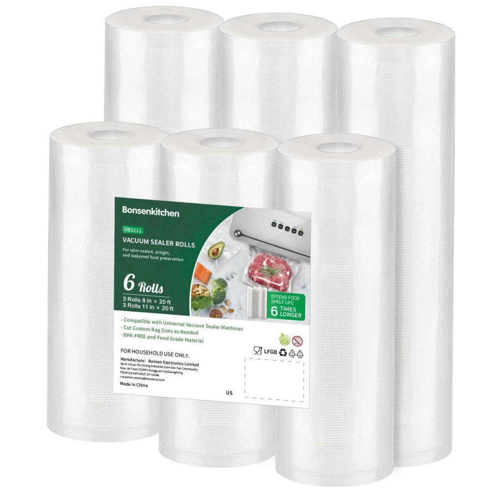 Bonsenkitchen Vacuum Sealer Rolls Bags, 6 Pack 3 Rolls 11 x 20\' + 3 Rolls 8 x 20\' Commercial Grade BPA Free Bag Rolls, Durable Customized Size Food Vac Bags for Storage and Sous Vide Cooking VB3211 Bonsenkitchen Vacuum Sealer Rolls Bags, 6 Pack 3 Rolls 11 x 20\' + 3 Rolls 8 x 20\' Commercial Grade BPA Free Bag Rolls, Durable Customized Size Food Vac Bags for Storage and Sous Vide Cooking VB3211
