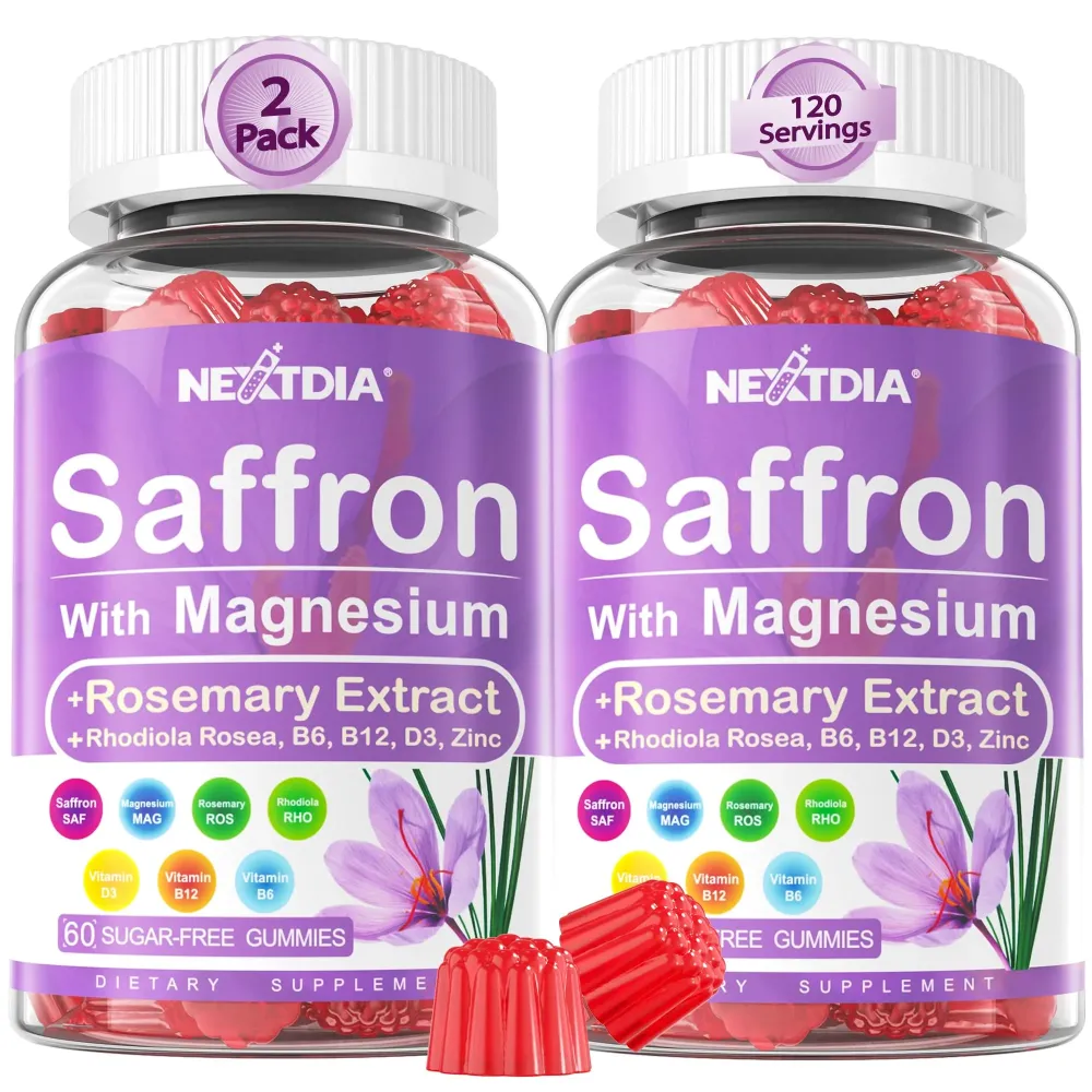 Saffron Supplements Gummies - 4 Months Supply - Saffron Extract 177mg 88.5mg, w/Magnesium Glycinate 400mg 200mg, Rhodiola Rosea, Rosemary, B6 B12 D3 for Calm, Nerve, Rest, Focus, Sugar-Free, 2 Pack Saffron Supplements Gummies - 4 Months Supply - Saffron Extract 177mg 88.5mg, w/Magnesium Glycinate 400mg 200mg, Rhodiola Rosea, Rosemary, B6 B12 D3 for Calm, Nerve, Rest, Focus, Sugar-Free, 2 Pack