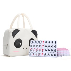 drizzle 30mm Mahjong Set Pink - 144 Medium Size Tiles with Panda Bag and Racks - Traditional Chinese Table Game - Home Family Dorm Party for Leisure Time - Mah Jong