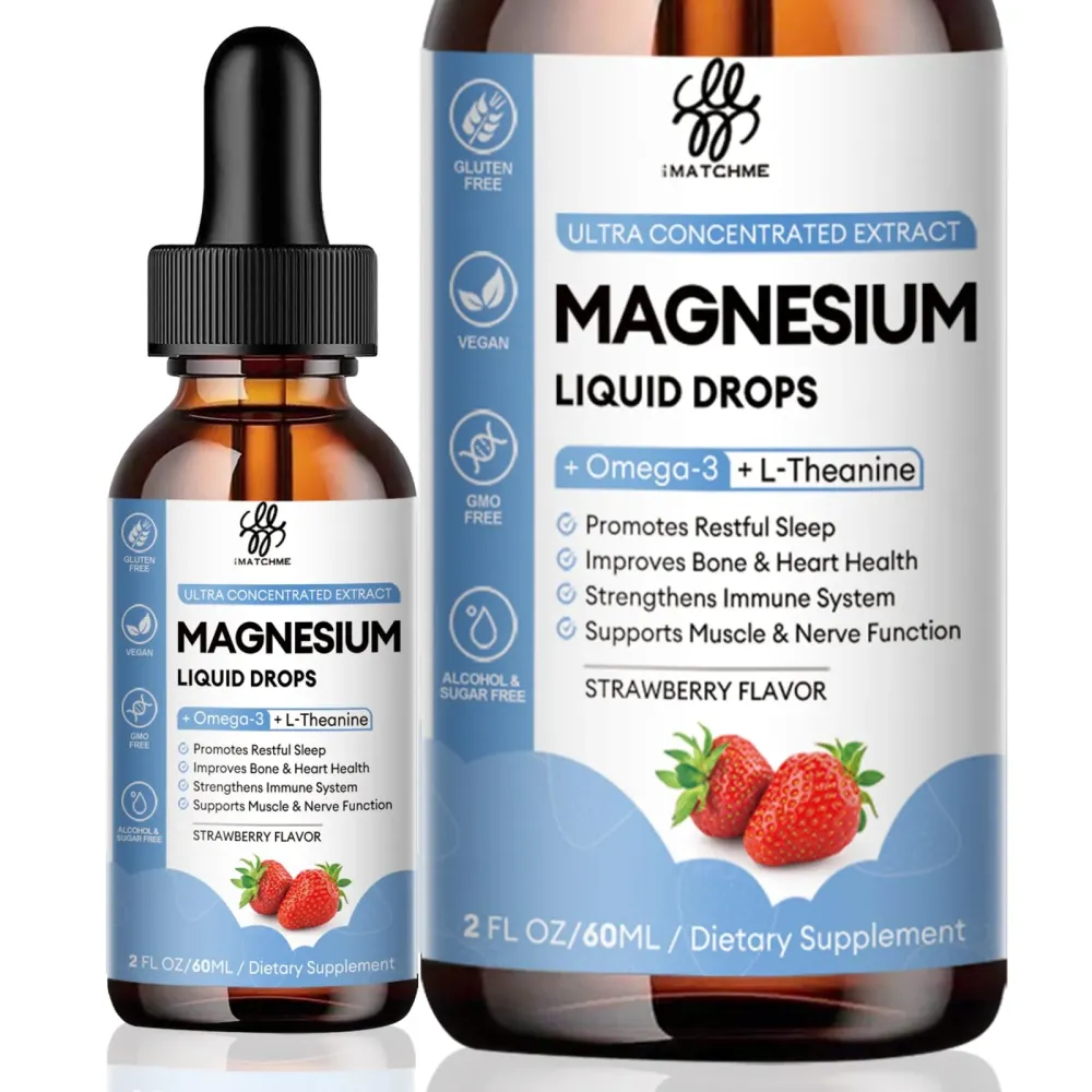 iMATCHME Magnesium Glycinate Liquid Drop with Citrate, Oxide and Taurate, Calm Magnesium with Omega3, L-Theanine, D3, B6, B12 for Calm, Sleep, Leg Cramps, Muscles, Energy, Sugar-Free Strawberry Flavor iMATCHME Magnesium Glycinate Liquid Drop with Citrate, Oxide and Taurate, Calm Magnesium with Omega3, L-Theanine, D3, B6, B12 for Calm, Sleep, Leg Cramps, Muscles, Energy, Sugar-Free Strawberry Flavor