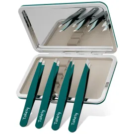 Upgraded Sharp Precision Tweezers for Facial Hair & Chin Hair, Slanted Design for Women & Men Eyebrow Plucker, Great with Travel Mirror Case (Green)