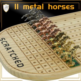 Jyquorp Horse Race Board Game Racing Game Thickened Solid Wood with 11 Luxurious Durable Classic Metal Horses with 4 Dice and 2 Boxes of Cards Horse Racing Game (Log Color, Oval)
