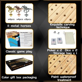 Jyquorp Horse Race Board Game Racing Game Thickened Solid Wood with 11 Luxurious Durable Classic Metal Horses with 4 Dice and 2 Boxes of Cards Horse Racing Game (Log Color, Oval)
