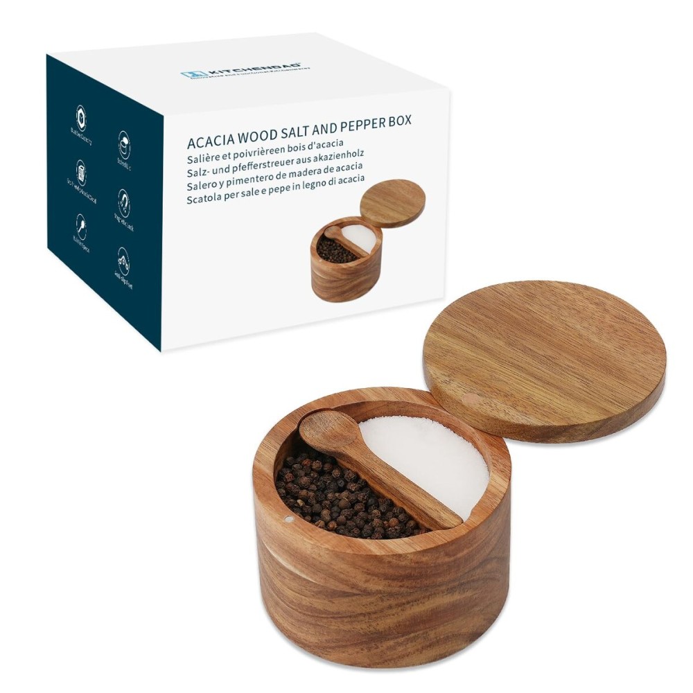 KITCHENDAO Acacia Wood Salt and Pepper Bowl Box,Built-in Spoon,Two Compartments Spice Seasoning Container,Sea Salt Cellar Holder,Magnetic Swivel Lid,Dual 5oz Capacity KITCHENDAO Acacia Wood Salt and Pepper Bowl Box,Built-in Spoon,Two Compartments Spice Seasoning Container,Sea Salt Cellar Holder,Magnetic Swivel Lid,Dual 5oz Capacity