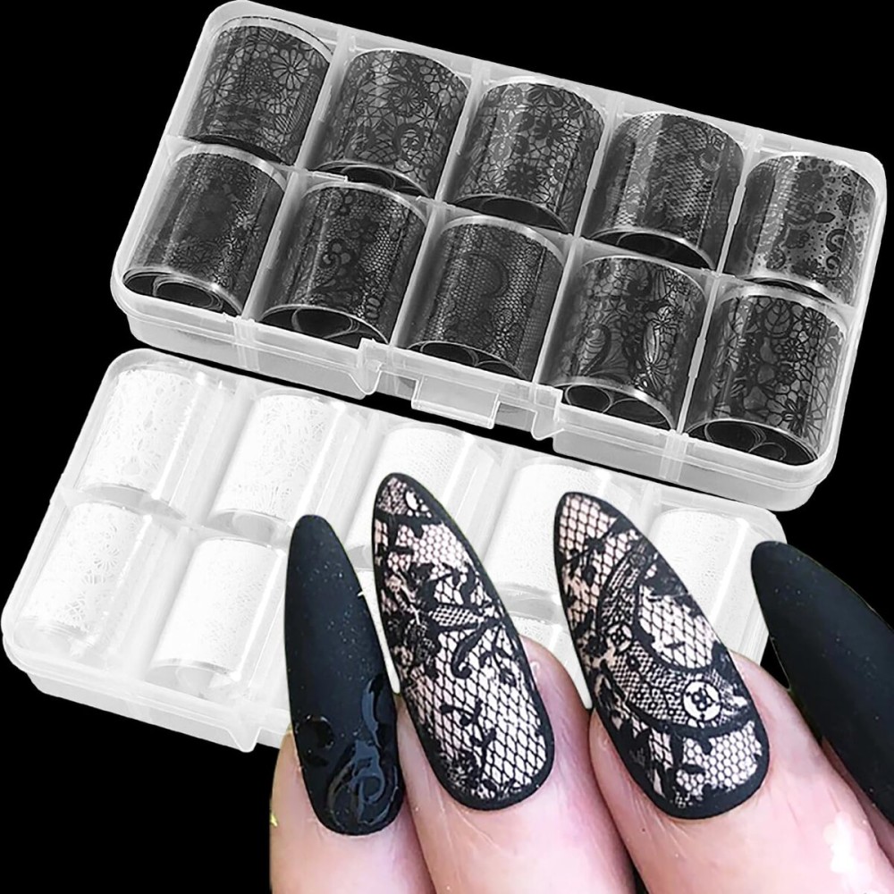 SILPECWEE 20 Rolls Lace Nail Transfer Foil - White and Black Flower Nail Art Decals, Holographic Stickers for DIY Acrylic Nails Manicure Decoration SILPECWEE 20 Rolls Lace Nail Transfer Foil - White and Black Flower Nail Art Decals, Holographic Stickers for DIY Acrylic Nails Manicure Decoration
