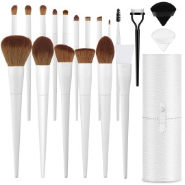 LUXBRU Makeup Brushes With Case 20PCs Professional Makeup Brush Set, Foundation Powder Eyeshadow Brush Set Eyebrow Concealer Contour Travel Brushes Kit with Holder & 2 Powder Puff-White