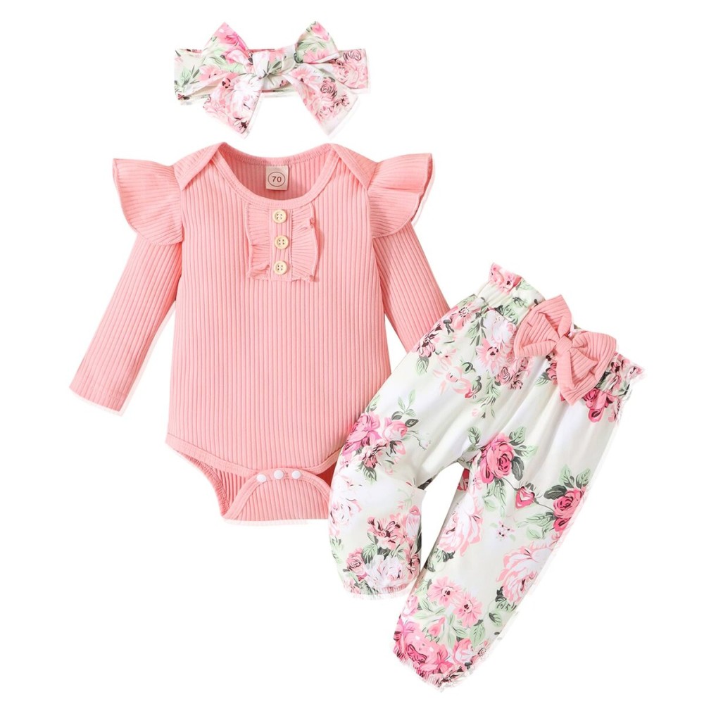GDTOGRT Baby Girl Clothes Infant Outfit Ruffle Sleeve Romper and Floral Pants with Cute Headband Sets Baby Clothes for Girls 3-6 Months - Pink
