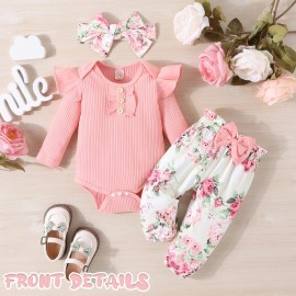 GDTOGRT Baby Girl Clothes Infant Outfit Ruffle Sleeve Romper and Floral Pants with Cute Headband Sets Baby Clothes for Girls 3-6 Months - Pink
