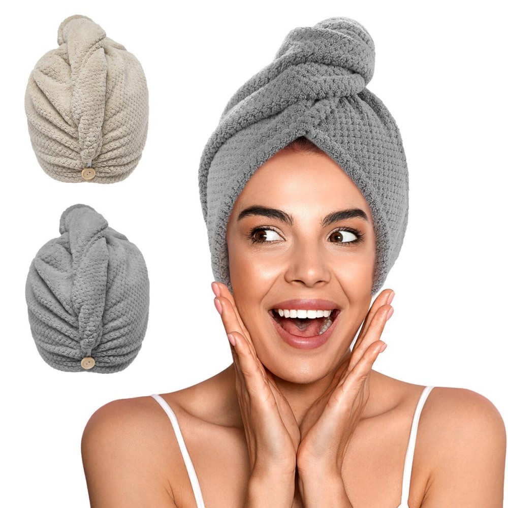 YFONG 2 Pack Microfiber Hair Towel Wrap for Women, Super Absorbent Quick Dry Hair Turban for All Hair Style Anti Frizz, Large Hair Drying Towel with Button YFONG 2 Pack Microfiber Hair Towel Wrap for Women, Super Absorbent Quick Dry Hair Turban for All Hair Style Anti Frizz, Large Hair Drying Towel with Button