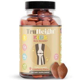 TruHeight Kids Bone Growth Gummies (Strawberry, Ages 2+) All Natural Kids & Toddler Vitamins - Vitamin D, Calcium, K2, Magnesium Multivitamin - Natural Growth & Development, Builds Strong Bones, Vegan