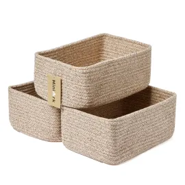 MiniArk Small Storage Baskets for Organizing | Closet Organizer Bins | Shelf Toy Basket | Woven Rope Baskets | Cube Decorative Box | Shallow Basket | 11.5x7.5x4.7 | 3 Packs Mixed Brown