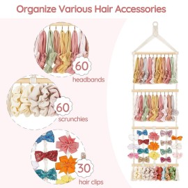Mkono Headband Holder Boho Hair Bow Organizer for Girls Macrame Bow Hanger with 30 Hooks Bow Holder for Nursery Baby\'s Room Hair Accessories Organizer Wall Hanging Decor for Bedroom Bathroom
