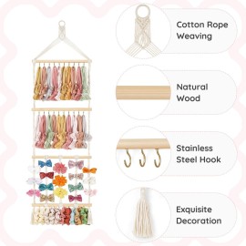 Mkono Headband Holder Boho Hair Bow Organizer for Girls Macrame Bow Hanger with 30 Hooks Bow Holder for Nursery Baby\'s Room Hair Accessories Organizer Wall Hanging Decor for Bedroom Bathroom