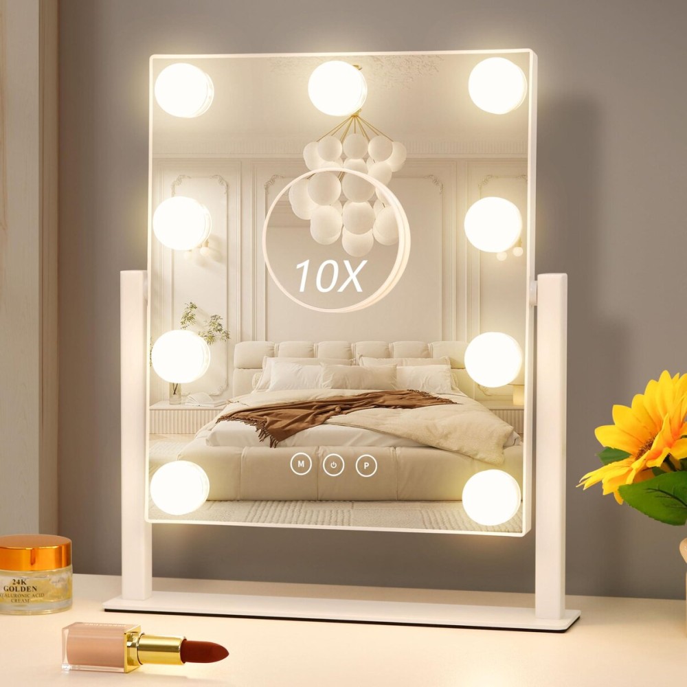 Acoolda Vanity Mirror with Lights, Hollywood Vanity Makeup Mirror with 9 Dimmable LED Bulbs, 3 Color Lighting Modes, Detachable 10X Magnification, 360Rotation,White Acoolda Vanity Mirror with Lights, Hollywood Vanity Makeup Mirror with 9 Dimmable LED Bulbs, 3 Color Lighting Modes, Detachable 10X Magnification, 360Rotation,White