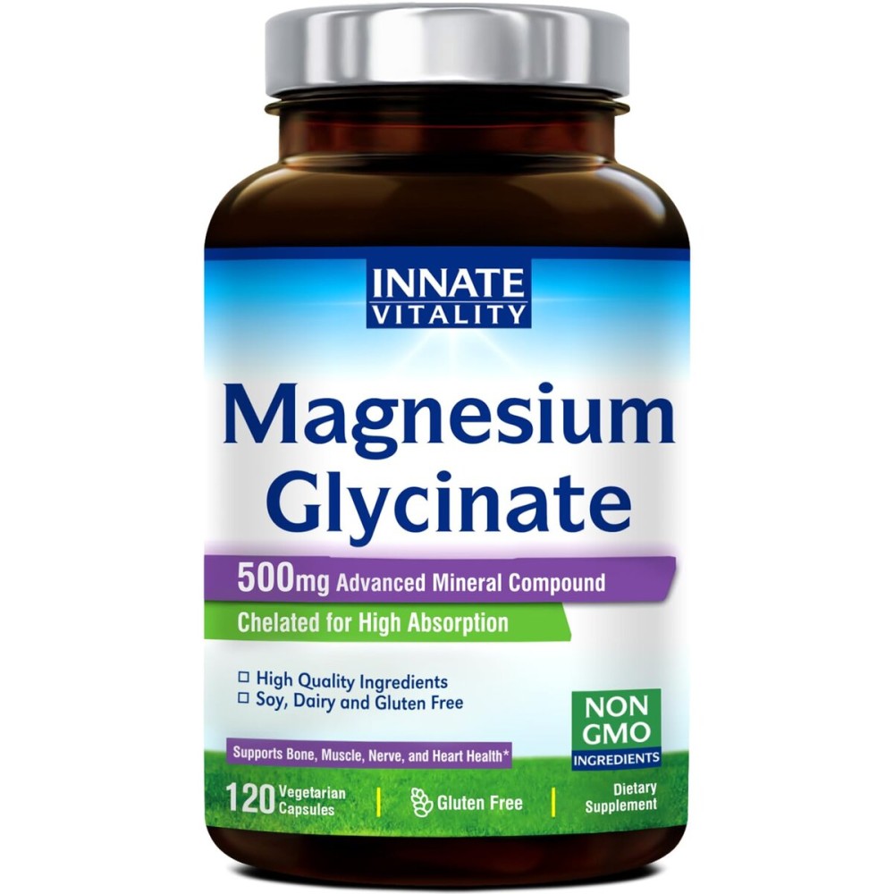 Innate Vitality Magnesium Glycinate 500mg | 70mg Elemental Magnesium Supplement- High Absorption, Non Buffered, Non-GMO & No Gluten - Nerve, Muscle, Bone Health - 120 Vegan Capsules Magnesio Innate Vitality Magnesium Glycinate 500mg | 70mg Elemental Magnesium Supplement- High Absorption, Non Buffered, Non-GMO & No Gluten - Nerve, Muscle, Bone Health - 120 Vegan Capsules Magnesio