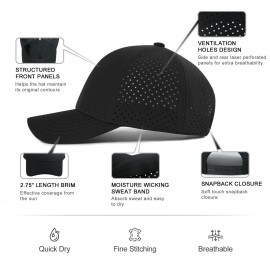 VOBOOM Men Quick Dry Baseball Cap Laser Cut Mesh Ball Curved Brim Snapback Hat (Black)