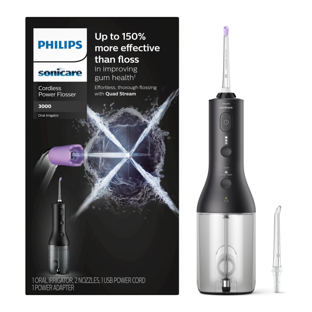 Philips Sonicare Cordless Power Flosser 3000, Water Flosser with Innovative Quad Stream Technology, Oral Irrigator with 2 Flossing Modes and 3 Intensity Levels, Ergonomic Design, Black, HX3826/23 Philips Sonicare Cordless Power Flosser 3000, Water Flosser with Innovative Quad Stream Technology, Oral Irrigator with 2 Flossing Modes and 3 Intensity Levels, Ergonomic Design, Black, HX3826/23