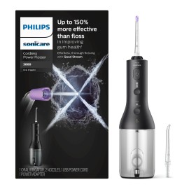 Philips Sonicare Cordless Power Flosser 3000, Water Flosser with Innovative Quad Stream Technology, Oral Irrigator with 2 Flossing Modes and 3 Intensity Levels, Ergonomic Design, Black, HX3826/23
