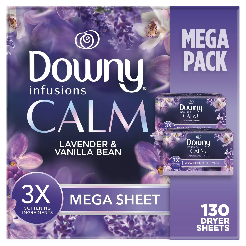 Downy Infusions Mega Dryer Sheets, Laundry Fabric Softener, CALM, Lavender and Vanilla Bean, 130 Count Downy Infusions Mega Dryer Sheets, Laundry Fabric Softener, CALM, Lavender and Vanilla Bean, 130 Count