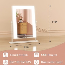 ROLOVE 9x11 Small Vanity Mirror with Lights, Lighted Makeup Mirror with Light, Portable Tabletop Cosmetic Make Up Mirror, Smart Touch Control, Dual Power Supply, 360Rotation