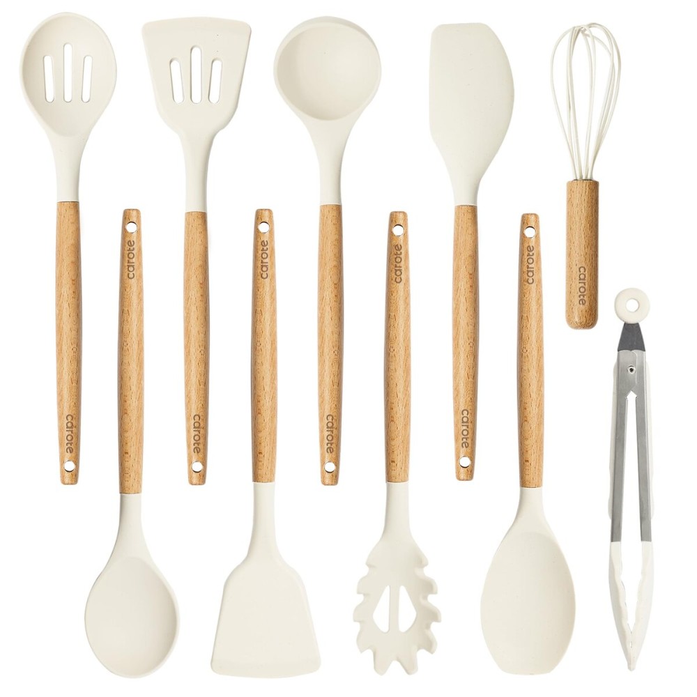 CAROTE Silicone Cooking Utensils Set, Kitchen Utensils Set 10 Pcs for cooking, BPA Free Spatula Set with Heat Resistant Wood Handles for Nonstick Cookware (Cream White) CAROTE Silicone Cooking Utensils Set, Kitchen Utensils Set 10 Pcs for cooking, BPA Free Spatula Set with Heat Resistant Wood Handles for Nonstick Cookware (Cream White)