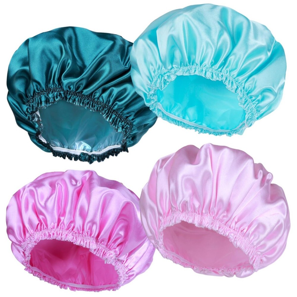 Shower Caps for Women, 4 PCS Elastic and Reusable Bath Caps, Double Waterproof Layers Shower Cap, Bathing Shower Caps, Environmental Protection Hair Bath Hat - Solid Color Shower Caps for Women, 4 PCS Elastic and Reusable Bath Caps, Double Waterproof Layers Shower Cap, Bathing Shower Caps, Environmental Protection Hair Bath Hat - Solid Color