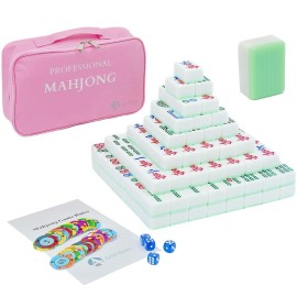 AzulHome Classic Chinese Mahjong Set with 144 Large Green Tiles (1.58\'\') with Pink Bag and Accessories, 4 Dice, 80 Poker Chips - for Chinese Style Game []