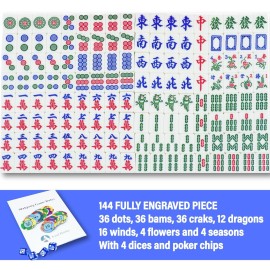 AzulHome Classic Chinese Mahjong Set with 144 Large Green Tiles (1.58\'\') with Pink Bag and Accessories, 4 Dice, 80 Poker Chips - for Chinese Style Game []