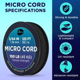 TECEUM Micro Paracord - Black - 1.18 mm x 125 ft - Micro Utility Cord - Thin Braided Paracord Rope Nylon Polyester - Wind Chime Replacement - Survival Strong String 016c