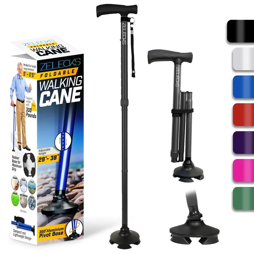 ZELECKS Walking Cane for Women & Men - Self Standing Adjustable Folding Cane with T Handle and 360 Pivot Base - Lightweight Foldable Walking Stick for Seniors - Collapsible Cane for Walking ZELECKS Walking Cane for Women & Men - Self Standing Adjustable Folding Cane with T Handle and 360 Pivot Base - Lightweight Foldable Walking Stick for Seniors - Collapsible Cane for Walking