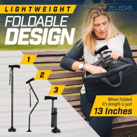 ZELECKS Walking Cane for Women & Men - Self Standing Adjustable Folding Cane with T Handle and 360 Pivot Base - Lightweight Foldable Walking Stick for Seniors - Collapsible Cane for Walking ZELECKS Walking Cane for Women & Men - Self Standing Adjustable Folding Cane with T Handle and 360 Pivot Base - Lightweight Foldable Walking Stick for Seniors - Collapsible Cane for Walking