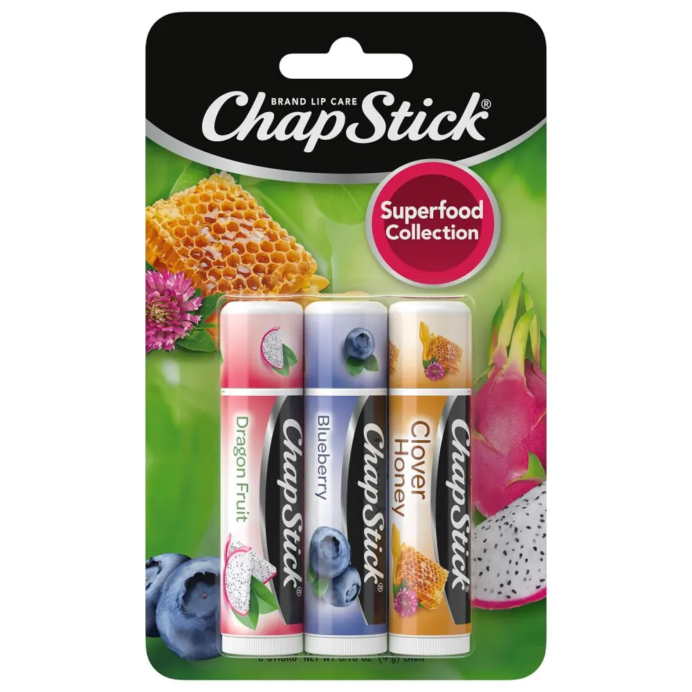 ChapStick Lip Balm, Superfood Collection 3-Pack - Dragon Fruit, Blueberry & Clover Honey, Moisturizer for Dry Lips, 0.15 Oz ChapStick Lip Balm, Superfood Collection 3-Pack - Dragon Fruit, Blueberry & Clover Honey, Moisturizer for Dry Lips, 0.15 Oz