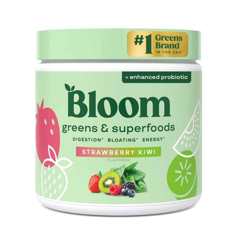 Bloom Nutrition Greens and Superfoods Powder for Digestive Health, Greens Powder, Digestive Enzymes, Probiotics, Spirulina, Chlorella for Bloating & Gut Support, Green Juice, 30 SVG, Strawberry Kiwi Bloom Nutrition Greens and Superfoods Powder for Digestive Health, Greens Powder, Digestive Enzymes, Probiotics, Spirulina, Chlorella for Bloating & Gut Support, Green Juice, 30 SVG, Strawberry Kiwi